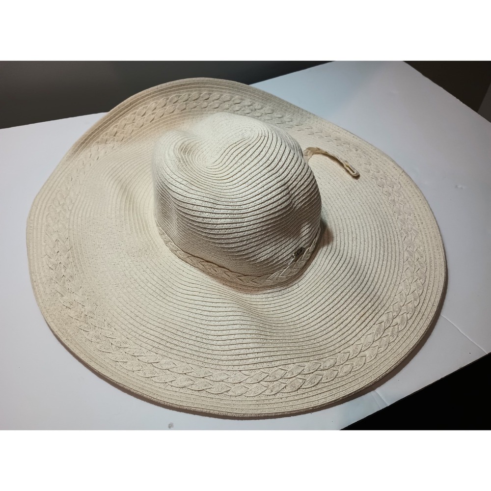 Angela & William Oversized Wide Brim Straw Sun Hat Braided Trim Ivory Beach 19"
